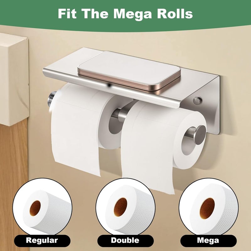 Tobeelec Double Roll Toilet Paper Holder with Shelf, 304 Stainless Steel Wall Mount Tissue Roll Holder for Bathroom, Commercial Toilet Paper Holder Toilet Tissue Dispensers with Phone Shelf (Silver) - Image 5